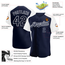 Load image into Gallery viewer, Custom Navy White Authentic Raglan Sleeves Baseball Jersey
