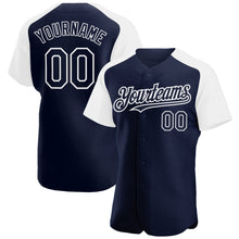 Load image into Gallery viewer, Custom Navy White Authentic Raglan Sleeves Baseball Jersey
