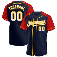 Load image into Gallery viewer, Custom Navy White Red-Gold Authentic Raglan Sleeves Baseball Jersey
