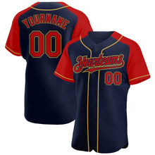 Load image into Gallery viewer, Custom Navy Red-Old Gold Authentic Raglan Sleeves Baseball Jersey
