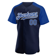 Load image into Gallery viewer, Custom Navy Royal-White Authentic Raglan Sleeves Baseball Jersey
