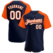 Load image into Gallery viewer, Custom Navy White-Orange Authentic Raglan Sleeves Baseball Jersey
