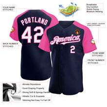 Load image into Gallery viewer, Custom Navy White-Pink Authentic Raglan Sleeves Baseball Jersey
