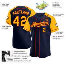 Load image into Gallery viewer, Custom Navy Gold-Red Authentic Raglan Sleeves Baseball Jersey
