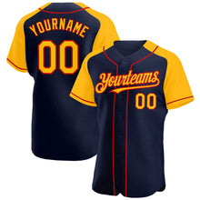 Load image into Gallery viewer, Custom Navy Gold-Red Authentic Raglan Sleeves Baseball Jersey

