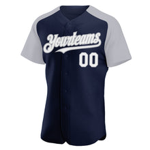 Load image into Gallery viewer, Custom Navy White-Gray Authentic Raglan Sleeves Baseball Jersey
