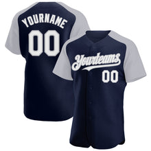 Load image into Gallery viewer, Custom Navy White-Gray Authentic Raglan Sleeves Baseball Jersey
