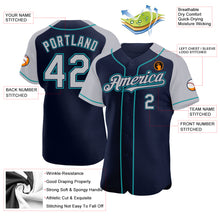Load image into Gallery viewer, Custom Navy Gray-Teal Authentic Raglan Sleeves Baseball Jersey
