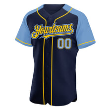 Load image into Gallery viewer, Custom Navy Light Blue-Yellow Authentic Raglan Sleeves Baseball Jersey
