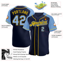 Load image into Gallery viewer, Custom Navy Light Blue-Yellow Authentic Raglan Sleeves Baseball Jersey
