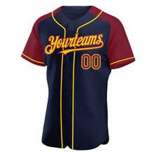 Load image into Gallery viewer, Custom Navy Crimson-Yellow Authentic Raglan Sleeves Baseball Jersey
