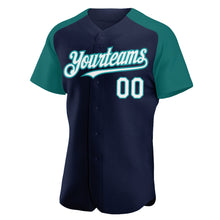 Load image into Gallery viewer, Custom Navy White-Teal Authentic Raglan Sleeves Baseball Jersey
