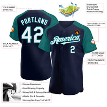 Load image into Gallery viewer, Custom Navy White-Teal Authentic Raglan Sleeves Baseball Jersey
