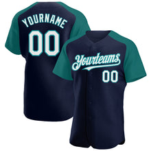 Load image into Gallery viewer, Custom Navy White-Teal Authentic Raglan Sleeves Baseball Jersey
