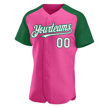 Load image into Gallery viewer, Custom Pink White-Kelly Green Authentic Raglan Sleeves Baseball Jersey
