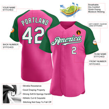 Load image into Gallery viewer, Custom Pink White-Kelly Green Authentic Raglan Sleeves Baseball Jersey
