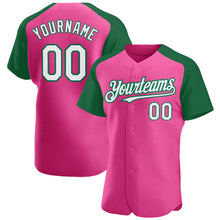 Load image into Gallery viewer, Custom Pink White-Kelly Green Authentic Raglan Sleeves Baseball Jersey
