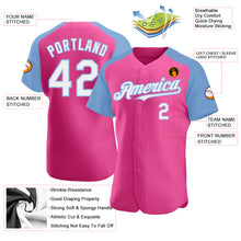 Load image into Gallery viewer, Custom Pink White-Light Blue Authentic Raglan Sleeves Baseball Jersey

