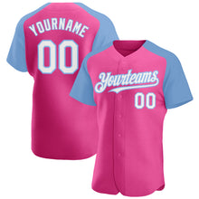 Load image into Gallery viewer, Custom Pink White-Light Blue Authentic Raglan Sleeves Baseball Jersey
