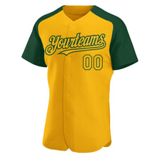Load image into Gallery viewer, Custom Gold Green Authentic Raglan Sleeves Baseball Jersey
