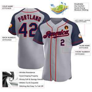 Custom Gray Navy-Red Authentic Raglan Sleeves Baseball Jersey
