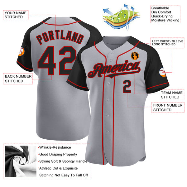 Custom Gray Black-Red Authentic Raglan Sleeves Baseball Jersey Discount