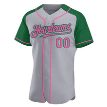 Load image into Gallery viewer, Custom Gray Pink-Kelly Green Authentic Raglan Sleeves Baseball Jersey
