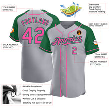 Load image into Gallery viewer, Custom Gray Pink-Kelly Green Authentic Raglan Sleeves Baseball Jersey
