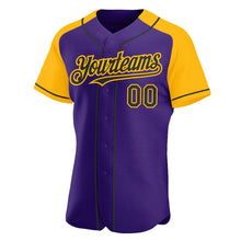 Load image into Gallery viewer, Custom Purple Black-Gold Authentic Raglan Sleeves Baseball Jersey
