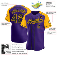 Load image into Gallery viewer, Custom Purple Black-Gold Authentic Raglan Sleeves Baseball Jersey
