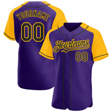 Load image into Gallery viewer, Custom Purple Black-Gold Authentic Raglan Sleeves Baseball Jersey
