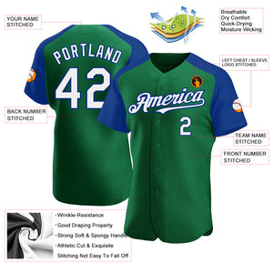 Custom Kelly Green White-Royal Authentic Raglan Sleeves Baseball Jersey