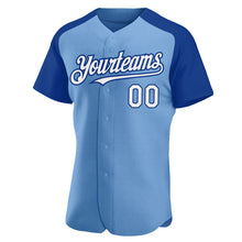 Load image into Gallery viewer, Custom Light Blue White-Royal Authentic Raglan Sleeves Baseball Jersey
