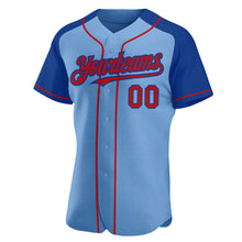 Load image into Gallery viewer, Custom Light Blue Red-Royal Authentic Raglan Sleeves Baseball Jersey
