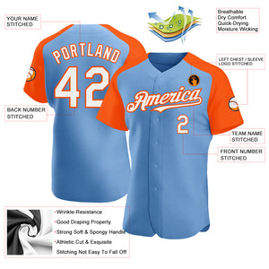 Custom Light Blue White-Orange Authentic Raglan Sleeves Baseball Jersey