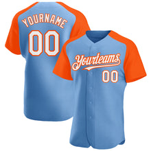 Load image into Gallery viewer, Custom Light Blue White-Orange Authentic Raglan Sleeves Baseball Jersey
