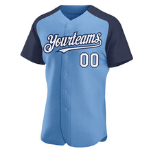 Load image into Gallery viewer, Custom Light Blue White-Navy Authentic Raglan Sleeves Baseball Jersey
