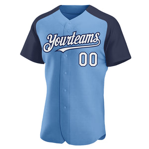 Custom Light Blue White-Navy Authentic Raglan Sleeves Baseball Jersey