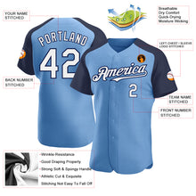Load image into Gallery viewer, Custom Light Blue White-Navy Authentic Raglan Sleeves Baseball Jersey
