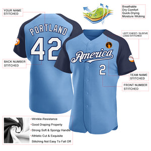 Custom Light Blue White-Navy Authentic Raglan Sleeves Baseball Jersey