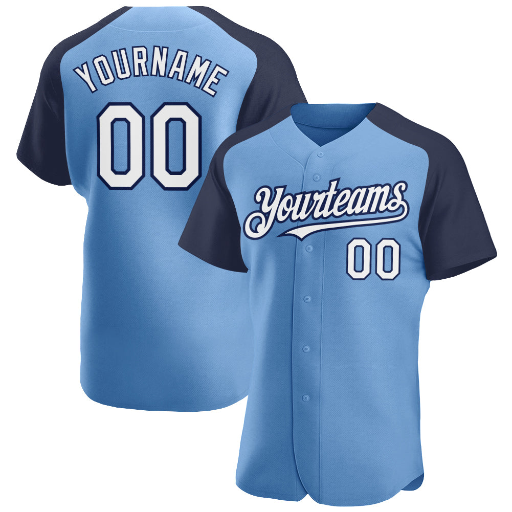 Custom Light Blue White-Navy Authentic Raglan Sleeves Baseball Jersey