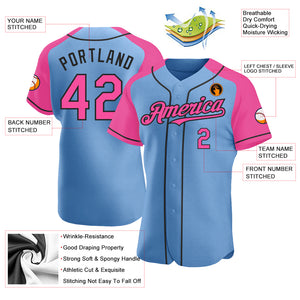 Custom Light Blue Pink-Black Authentic Raglan Sleeves Baseball Jersey