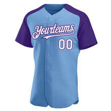 Загрузить изображение в средство просмотра галереи, Custom Light Blue White-Purple Authentic Raglan Sleeves Baseball Jersey
