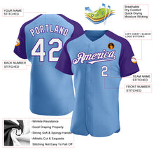 Load image into Gallery viewer, Custom Light Blue White-Purple Authentic Raglan Sleeves Baseball Jersey
