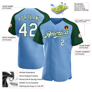 Custom Light Blue White-Green Authentic Raglan Sleeves Baseball Jersey