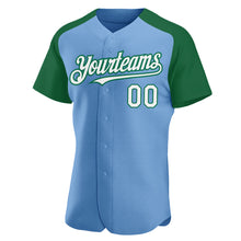 Load image into Gallery viewer, Custom Light Blue White-Kelly Green Authentic Raglan Sleeves Baseball Jersey
