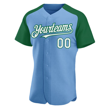Custom Light Blue White-Kelly Green Authentic Raglan Sleeves Baseball Jersey