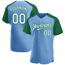 Load image into Gallery viewer, Custom Light Blue White-Kelly Green Authentic Raglan Sleeves Baseball Jersey
