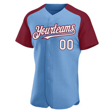 Laden Sie das Bild in den Galerie-Viewer, Custom Light Blue White-Crimson Authentic Raglan Sleeves Baseball Jersey
