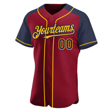 Laden Sie das Bild in den Galerie-Viewer, Custom Crimson Navy-Gold Authentic Raglan Sleeves Baseball Jersey
